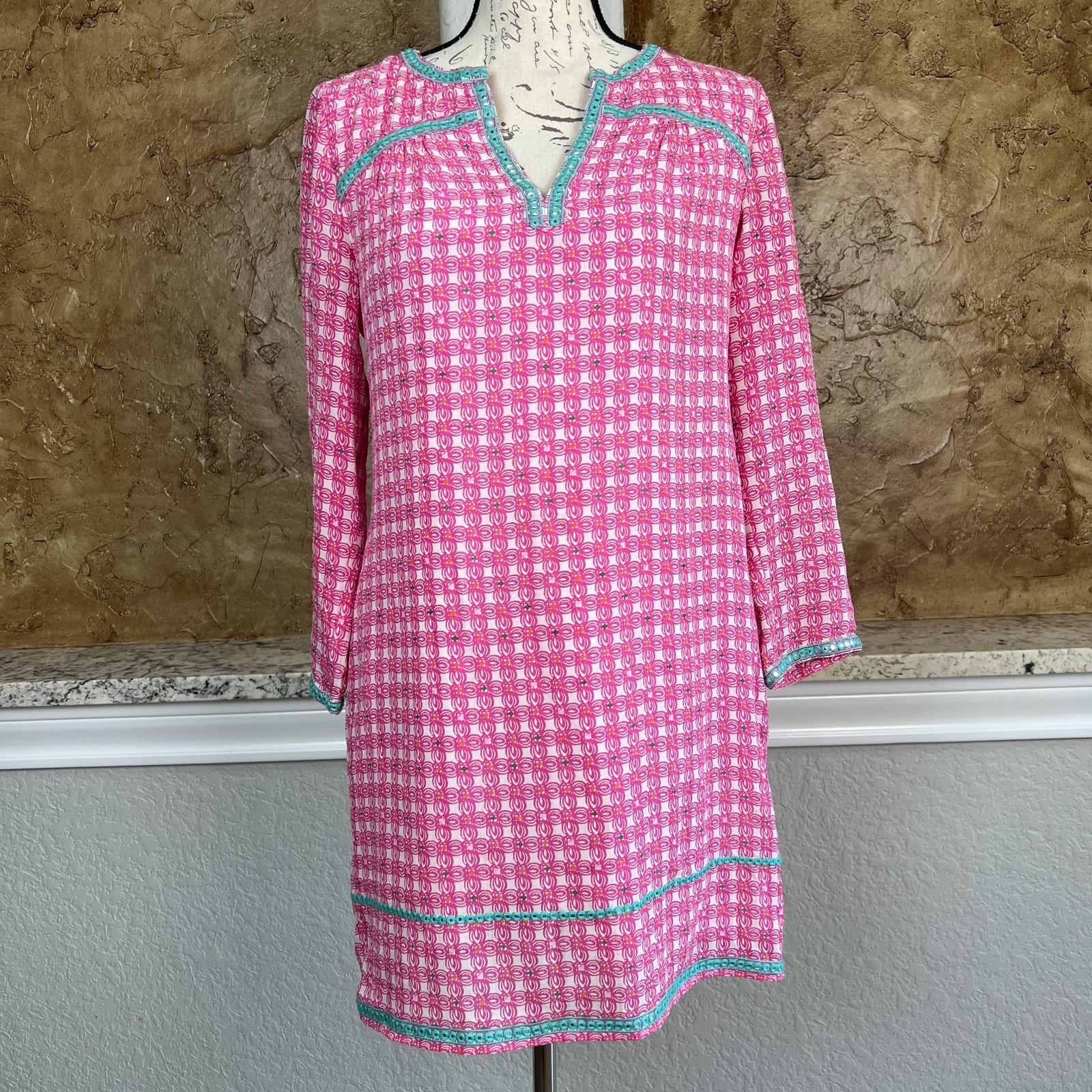 Vineyard Vines Silk Tunic Dress Womens 6 Cowrie Shell Floral Pink White Lined